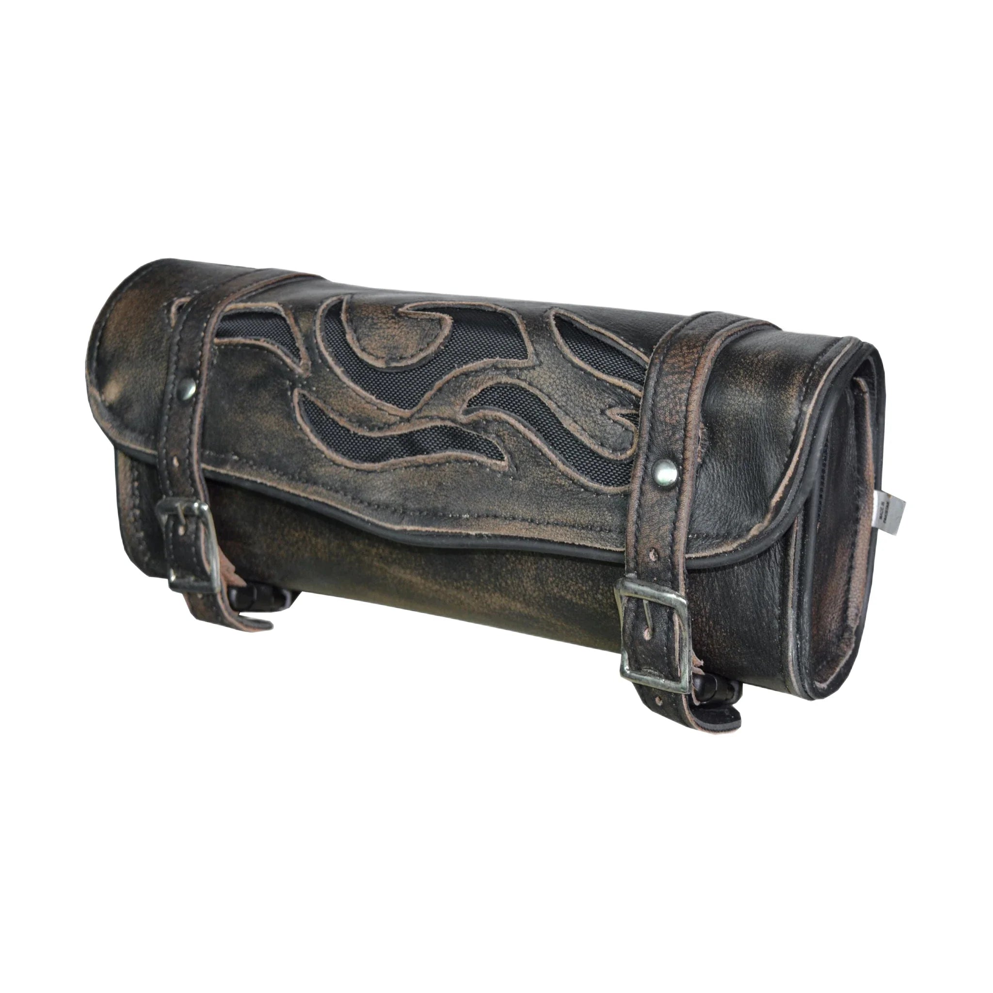 Motorcycle Tool Bag Dream Apparel Distress Brown Leather 12 Inch Flames Storage
