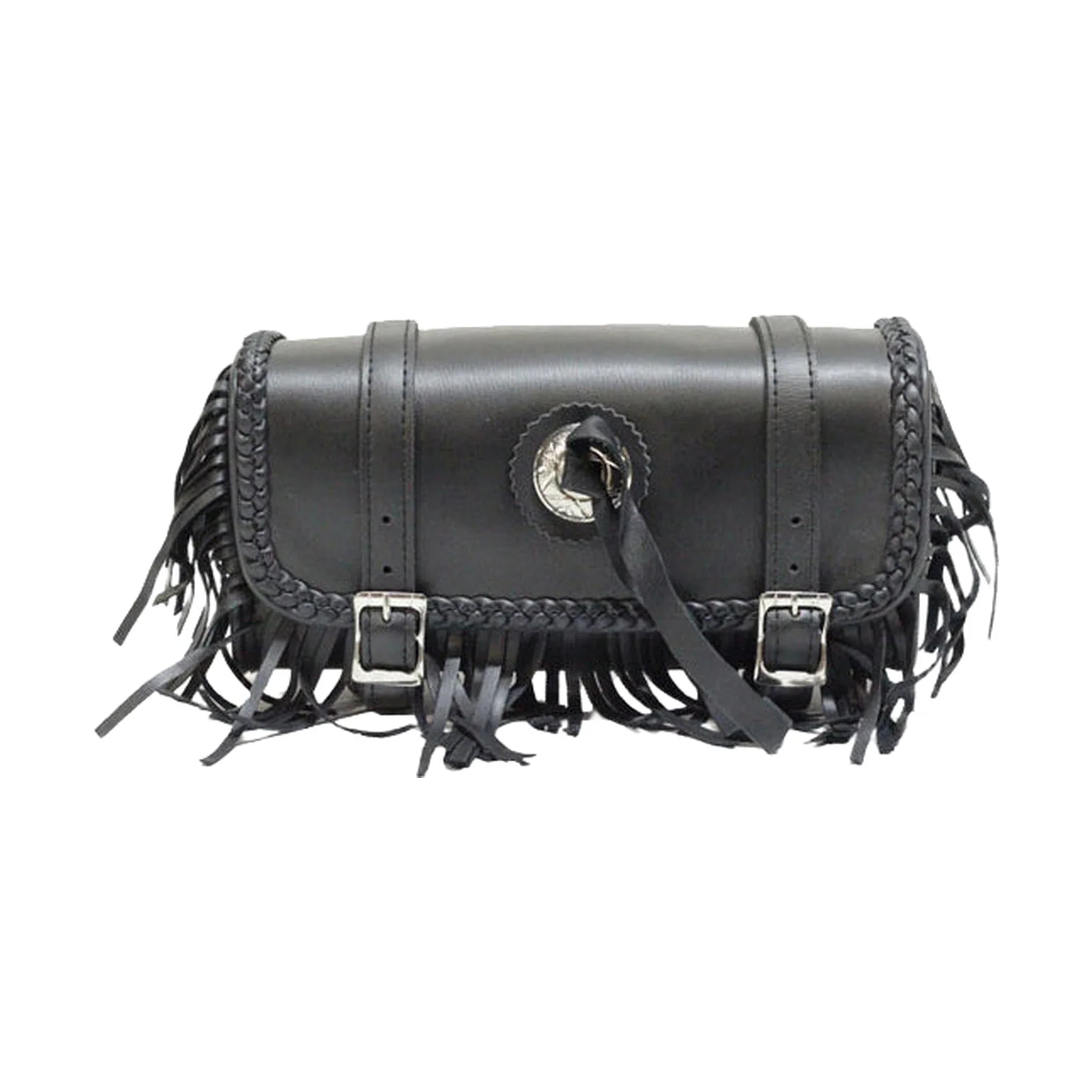 Leather Motorcycle Tool Bag Universal Fit Waterproof With Braid Fringes Concho