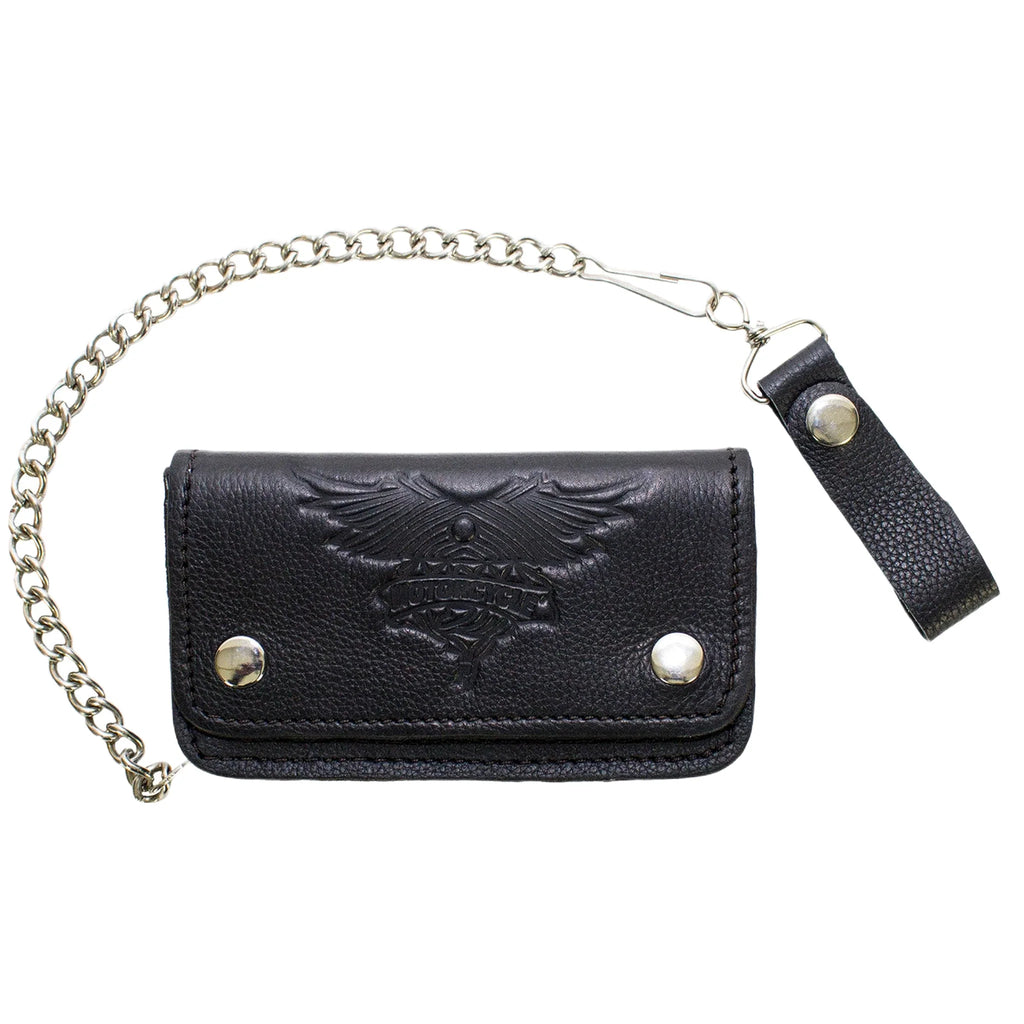 Black Naked Cowhide Leather Wallet Winged V-Twin Engine Multi Pocket Chain