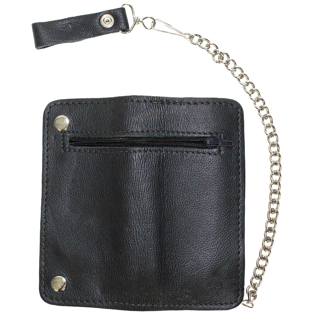 Black Leather Chain Wallet Bifold Zippered Pocket Multiple Compartments Biker