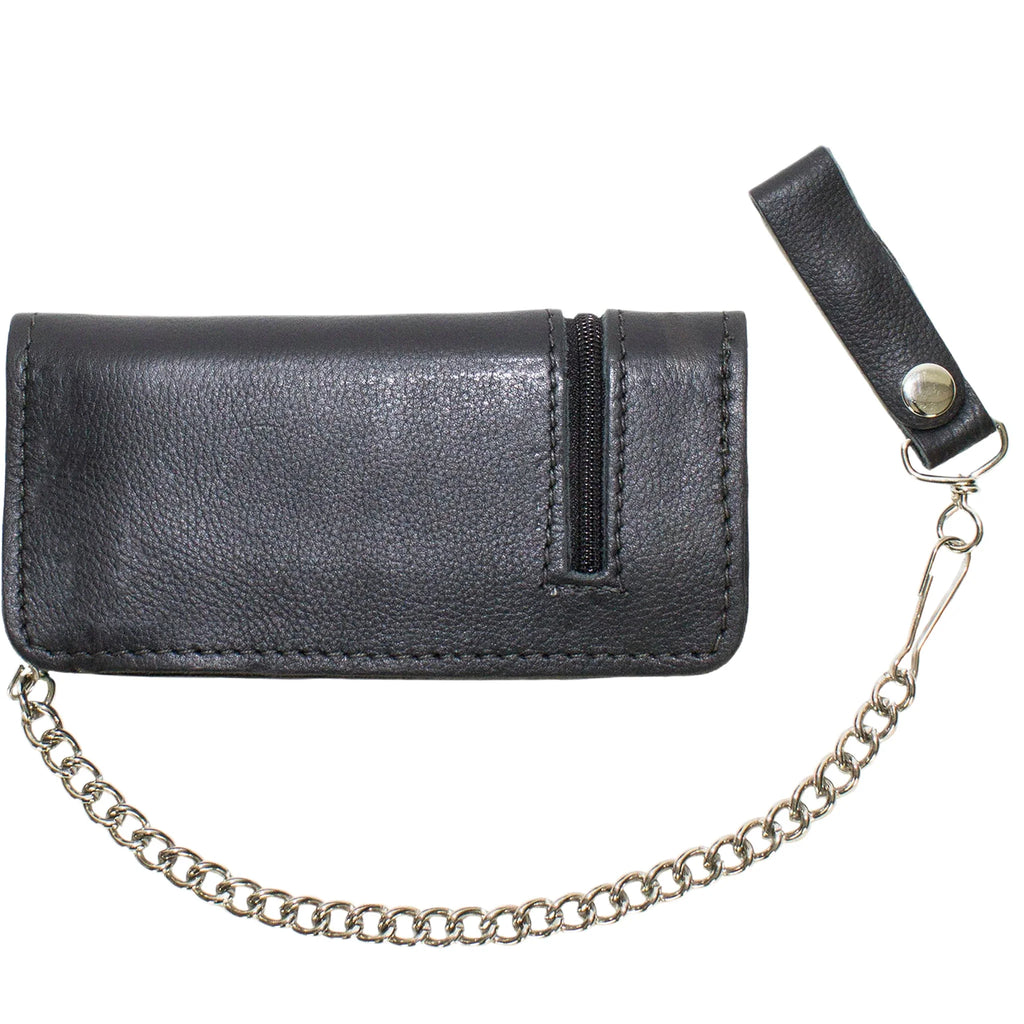Black Leather Chain Wallet Bifold Zippered Pocket Multiple Compartments Biker