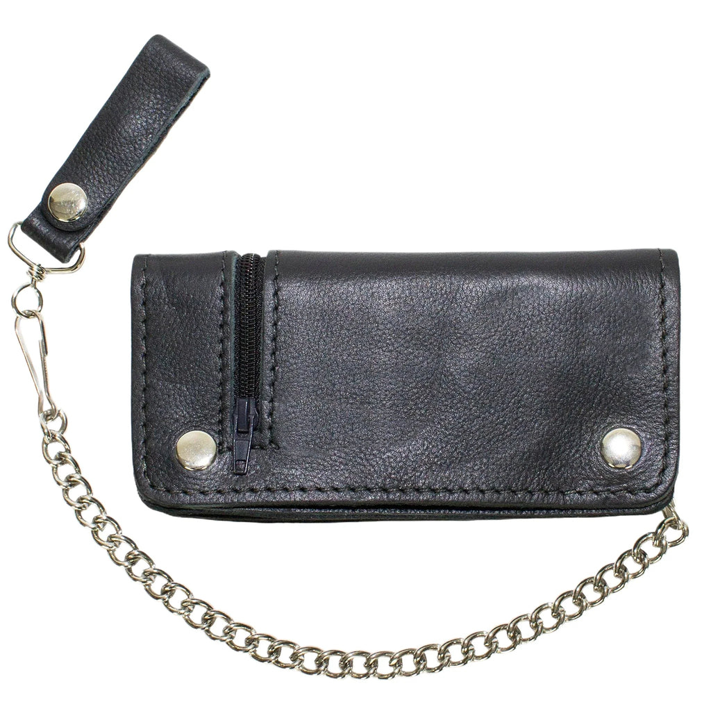 Black Leather Chain Wallet Bifold Zippered Pocket Multiple Compartments Biker
