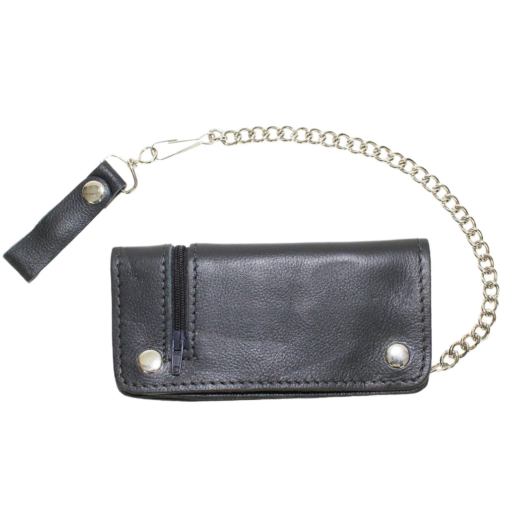 Black Leather Chain Wallet with Zipper