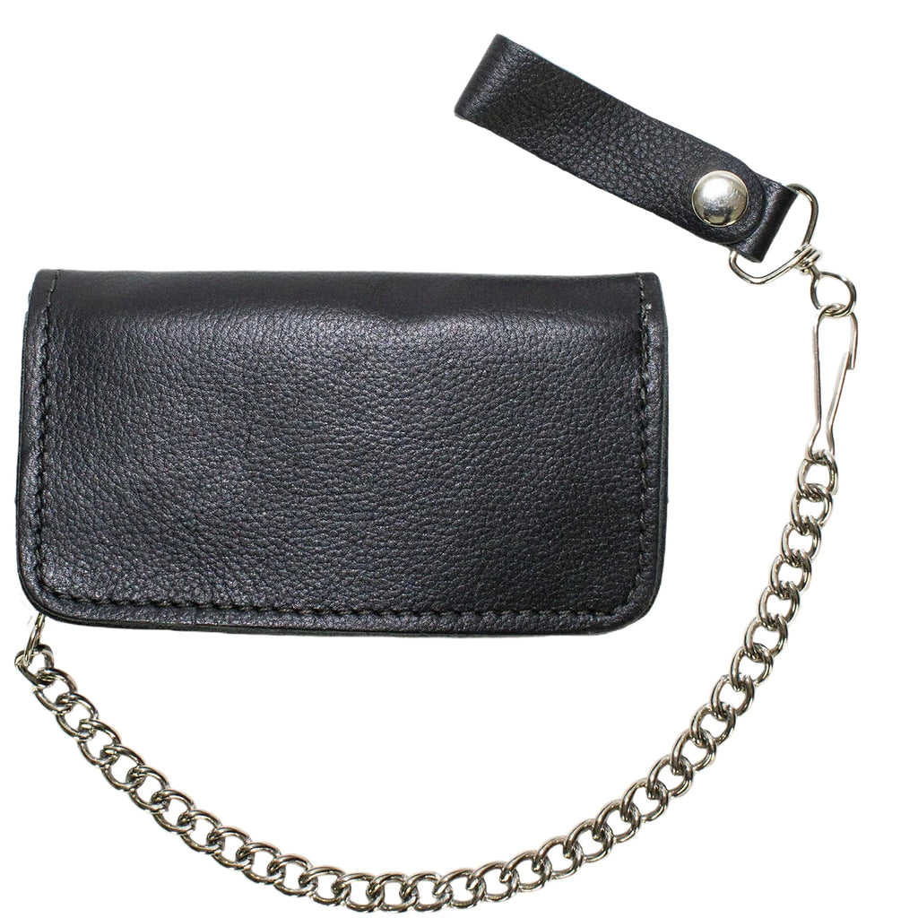 Leather Chain Wallet USA Flag Heavy Duty Cowhide Black Biker Style 7.75x3.75