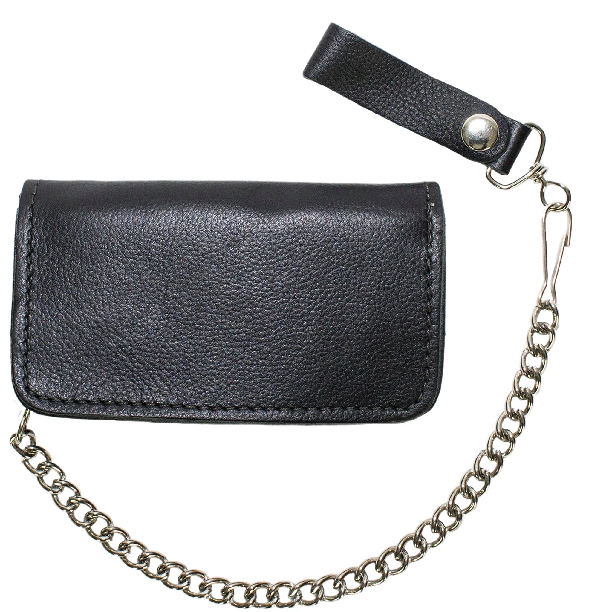 Leather Chain Wallet USA Flag Heavy Duty Cowhide Black Biker Style 7.75x3.75