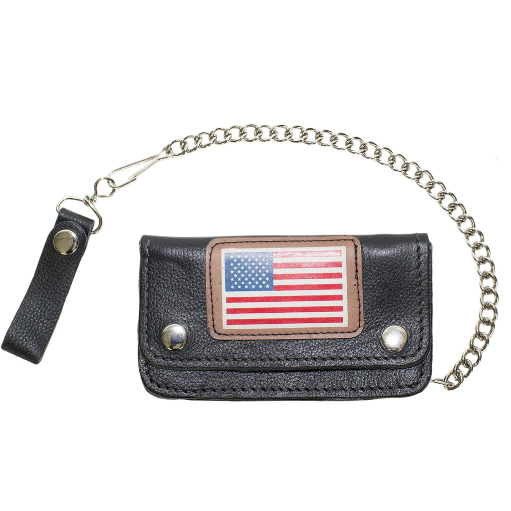 Leather Chain Wallet USA Flag Heavy Duty Cowhide Black Biker Style 7.75x3.75