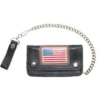 Leather Chain Wallet USA Flag Heavy Duty Cowhide Black Biker Style 7.75x3.75