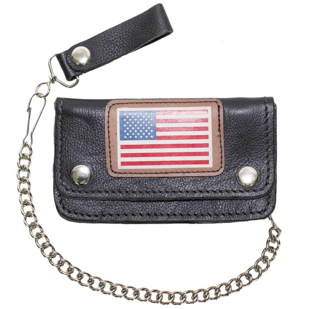 Leather Chain Wallet USA Flag Heavy Duty Cowhide Black Biker Style 7.75x3.75