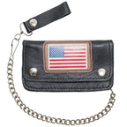 Leather Chain Wallet USA Flag Heavy Duty Cowhide Black Biker Style 7.75x3.75