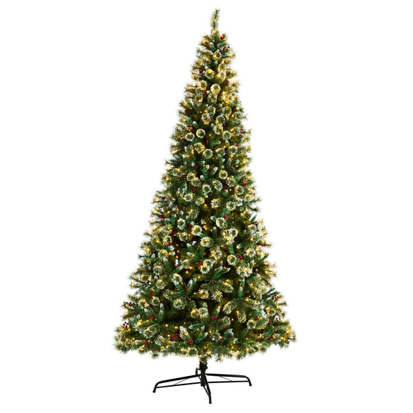 10' Frosted Swiss Pine Christmas Tree Pre-Lighted 850 LED And Berries