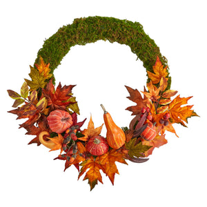 20"" Autumn Pumpkin, Gourd And Fall Maple Leaf Wreath