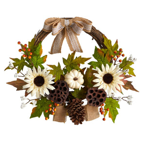 20"" Sunflower, Pumpkin And Dried Lotus Pod Fall Wreath W/Bow