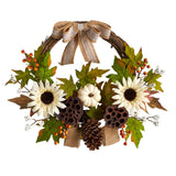 20"" Sunflower, Pumpkin And Dried Lotus Pod Fall Wreath W/Bow