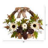 20"" Sunflower, Pumpkin And Dried Lotus Pod Fall Wreath W/Bow