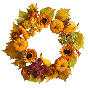 22" Autumn Sunflower, Hydrangea And Pumpkin Wreath