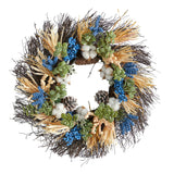 22" Cotton, Eucalyptus, Berries And Pinecones Fall Wreath