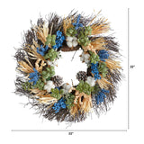 22" Cotton, Eucalyptus, Berries And Pinecones Fall Wreath