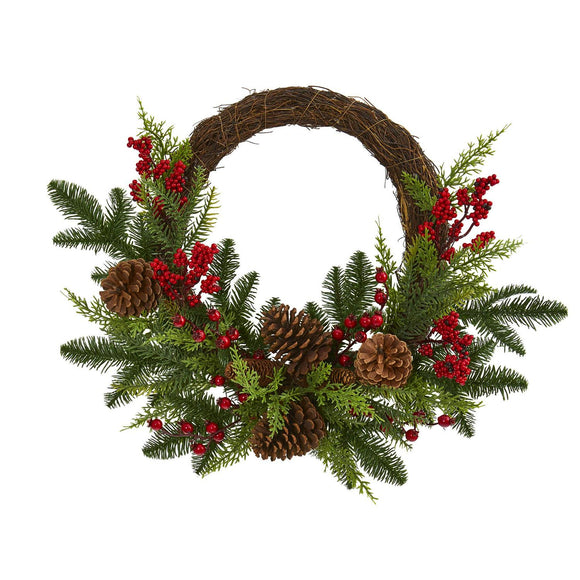 22” Mixed Pine And Cedar With Berries And Pine Cones Wreath