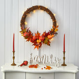 22" Pumpkin And Maple Autumn Wreath W/50 White LED Lights