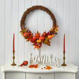 22" Pumpkin And Maple Autumn Wreath W/50 White LED Lights