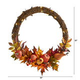 22" Pumpkin And Maple Autumn Wreath W/50 White LED Lights