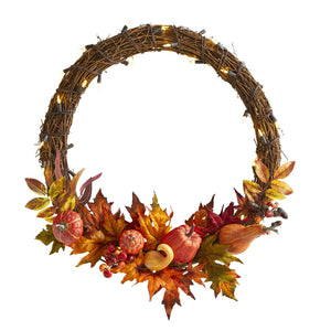 22" Pumpkin And Maple Autumn Wreath W/50 White LED Lights