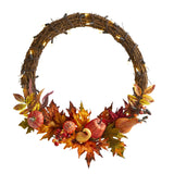 22" Pumpkin And Maple Autumn Wreath W/50 White LED Lights