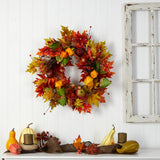 24" Autumn Maple Leaf And Berries Fall Artificial Wreath