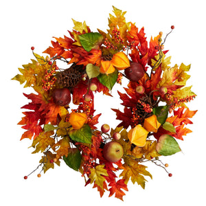 24" Autumn Maple Leaf And Berries Fall Artificial Wreath