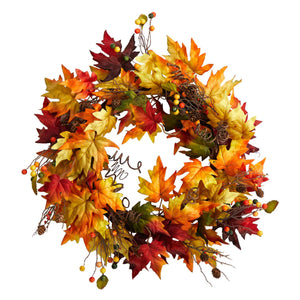 24" Autumn Maple Leaf, Berries Wreath With Twig Base