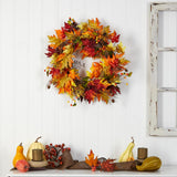 24" Autumn Maple Leaf, Berries Wreath With Twig Base