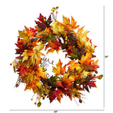 24" Autumn Maple Leaf, Berries Wreath With Twig Base