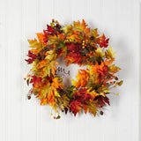 24" Autumn Maple Leaf, Berries Wreath With Twig Base