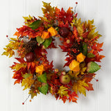 24" Autumn Maple Leaf And Berries Fall Artificial Wreath