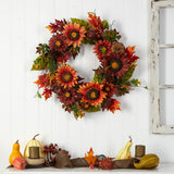 24" Autumn Sunflower, Pumpkin, Pinecone And Berries Wreath