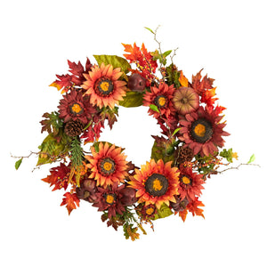 24" Autumn Sunflower, Pumpkin, Pinecone And Berries Wreath