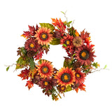 24" Autumn Sunflower, Pumpkin, Pinecone And Berries Wreath