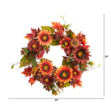 24" Autumn Sunflower, Pumpkin, Pinecone And Berries Wreath