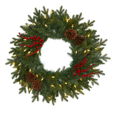 24" Christmas Wreath W/50 LED Lights, Berries And Pine Cones