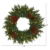 24" Christmas Wreath W/50 LED Lights, Berries And Pine Cones