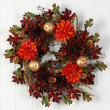 24" Dahlia, Apple, Oak Leaf And Berries Artificial Wreath