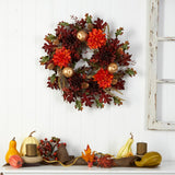 24" Dahlia, Apple, Oak Leaf And Berries Artificial Wreath