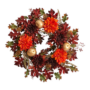 24" Dahlia, Apple, Oak Leaf And Berries Artificial Wreath