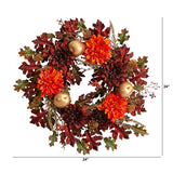 24" Dahlia, Apple, Oak Leaf And Berries Artificial Wreath