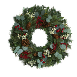 24” Eucalyptus And Pine Wreath With Berries And Pine Cones