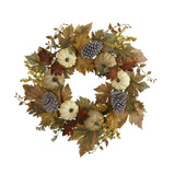 24" Fall Pumpkins, Pine Cones And Berries Artificial Wreath