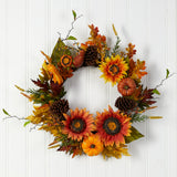 24" Fall Sunflower, Pumpkin, Pinecone And Berries Wreath