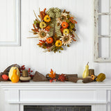 24" Fall Sunflower, Pumpkin Wreath With Decorative Ribbon