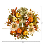 24" Fall Sunflower, Pumpkin Wreath With Decorative Ribbon