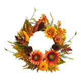 24" Fall Sunflower, Pumpkin, Pinecone And Berries Wreath